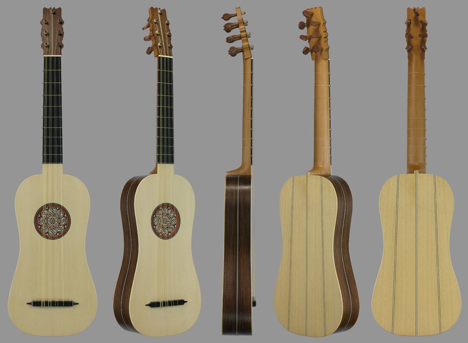 4-course flat-back Renaissance guitar all views