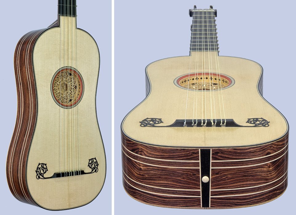 5-course baroque guitar with kingwood sides: end view