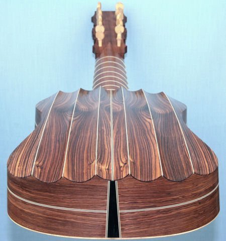 Kingwood fluted back vihuela (E.0748 "Chambure" model) back end view in perspective