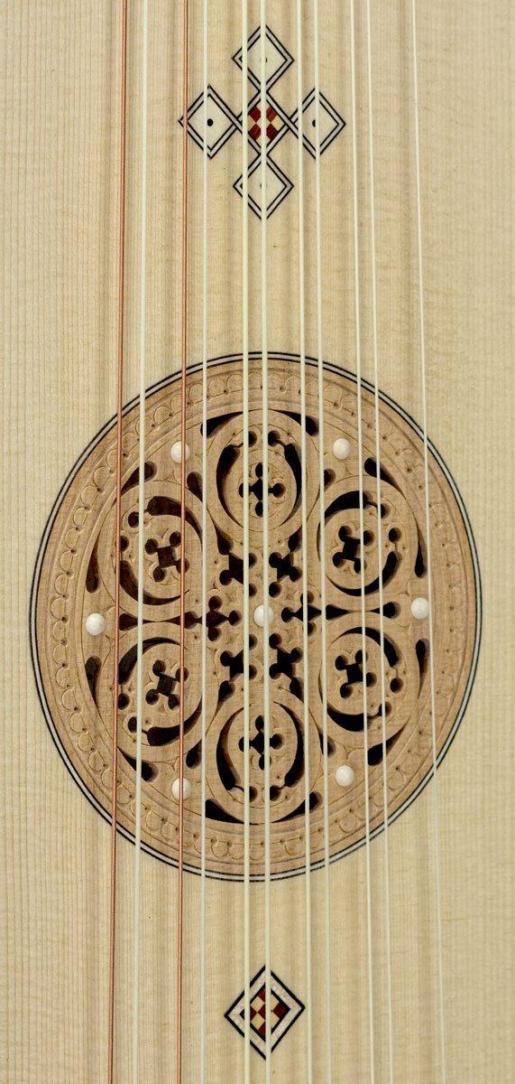 Flat-back vihuela with inlays rose close up