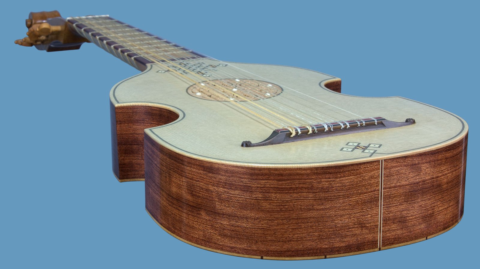 viola da mano with inlays, dai libri model, end view in perspective