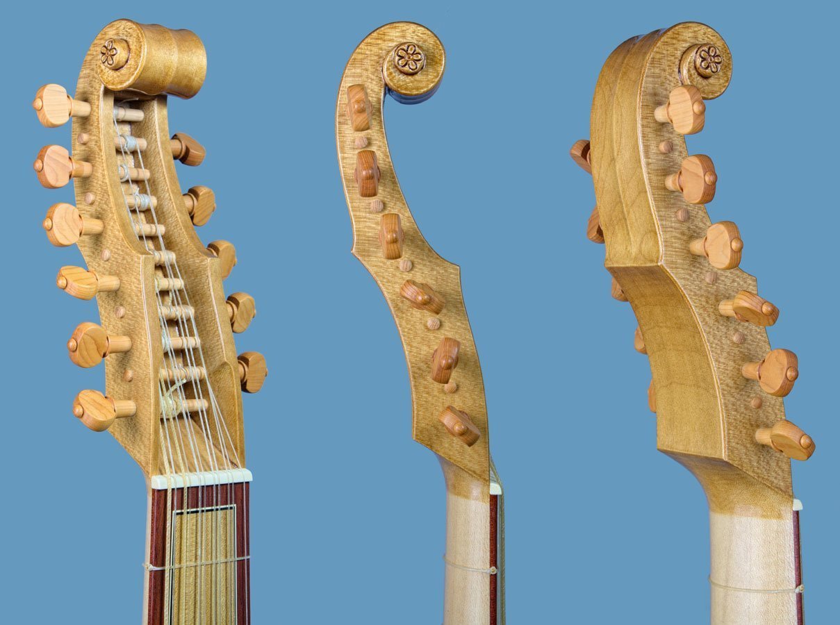 viola da mano with inlays, dai libri model, peghead in perspective and side views