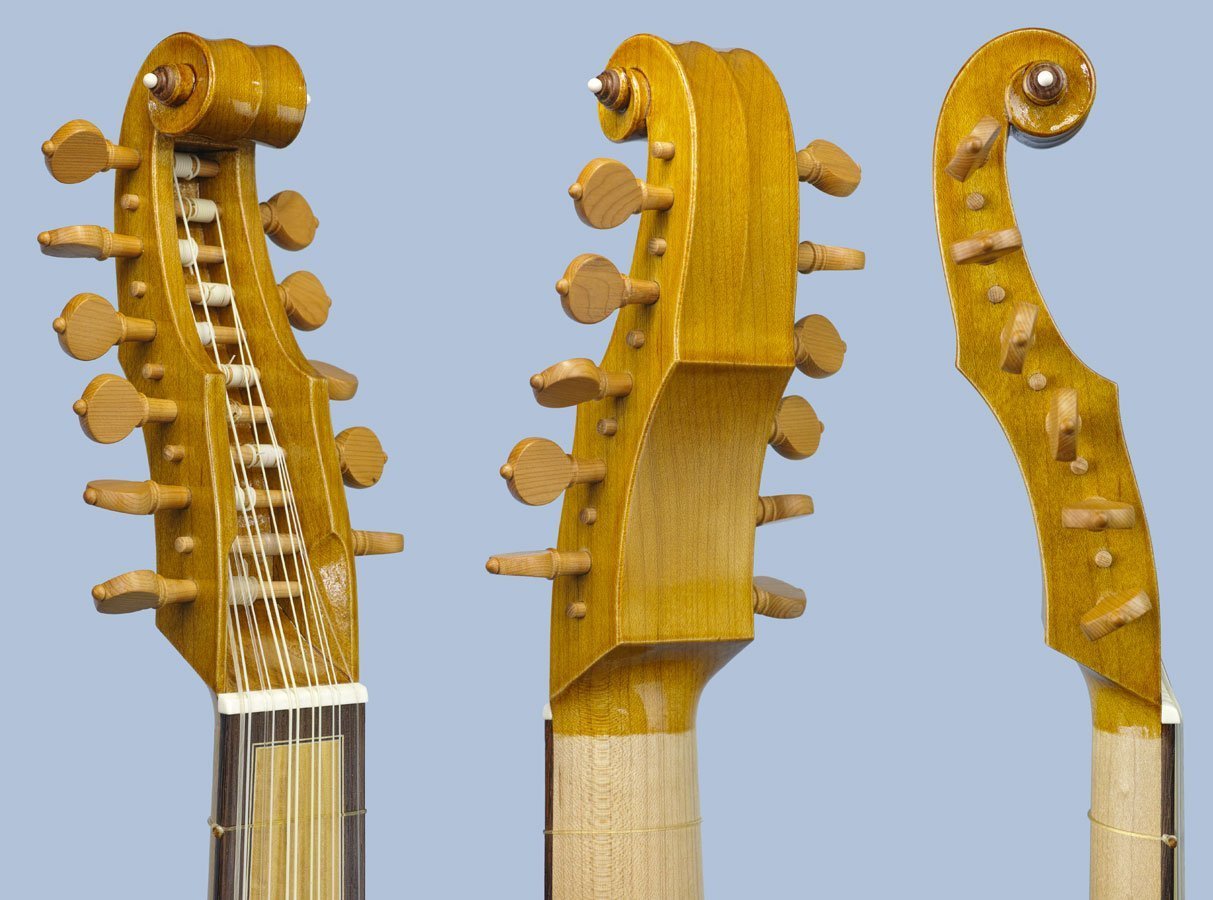 Vihuela, or viola-da-mano, modelled after Girolamo dai Libri painting: peg head views