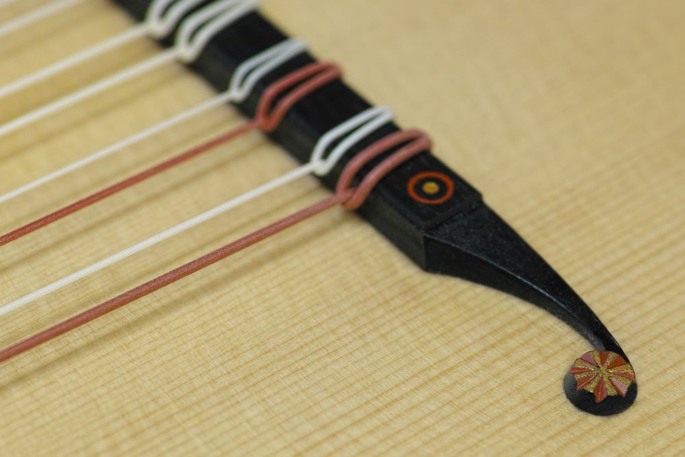 Vihuela de mano, plucked Italian vioal after dai Libri painting, bridge end decoration detail