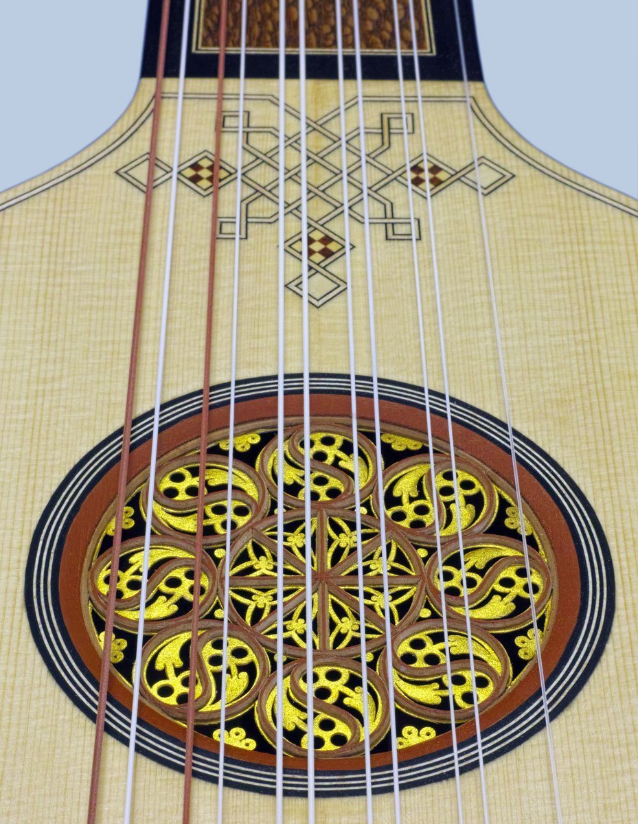 Vihuela de mano, plucked Italian vioal after dai Libri painting, close-up of the rose and large soundboard inlay