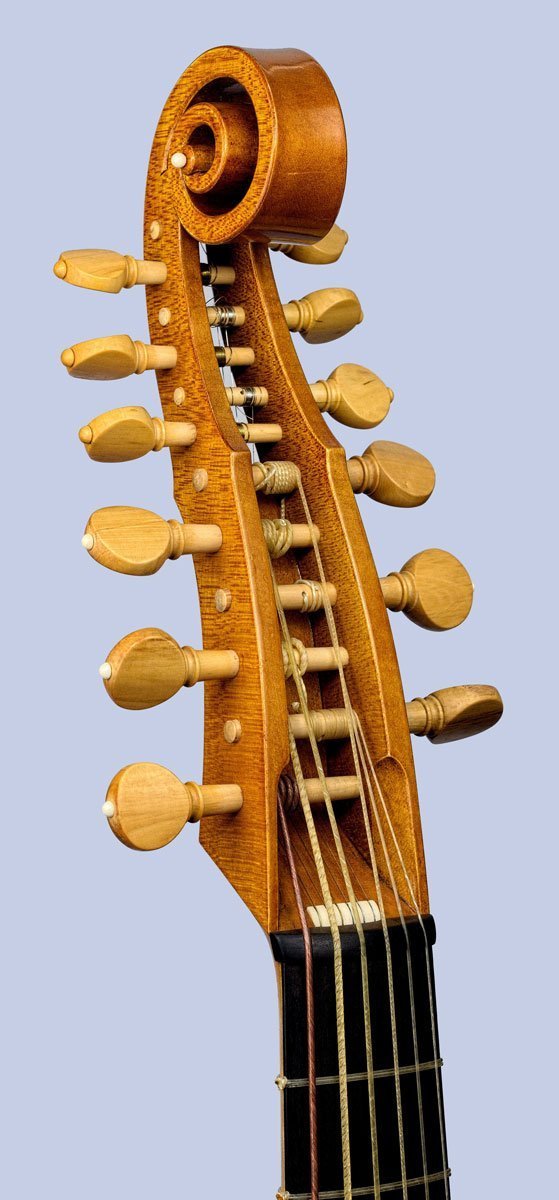 lyra viol with sympathetic strings peghead front