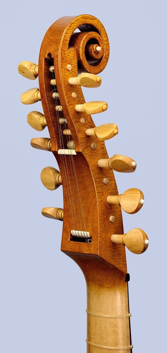lyra viol with sympathetic strings peghead back